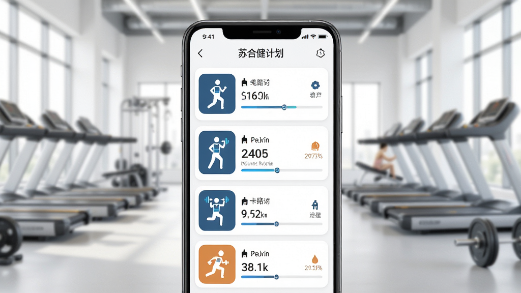 苏合健身软件主界面展示,手机屏幕中呈现健身训练计划列表,背景为明亮的健身房环境,主体为一部智能手机,布局居中,排版简洁,风格为现代科技感,细节包括训练动作图标、进度条、卡路里消耗数据,画质高清,干净,无多余元素