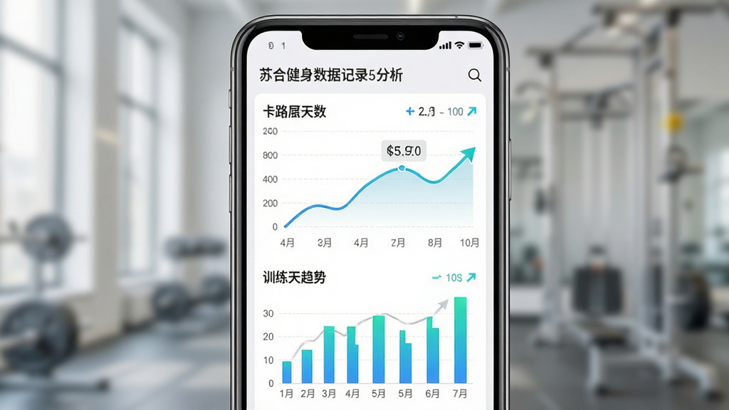 苏合健身数据记录与趋势分析界面,手机屏幕展示折线图与柱状图,主体为手机与数据图表,布局居中,排版简洁,风格为数据可视化风,细节包括卡路里数值、训练天数、趋势箭头,画质高清,干净,无多余元素
