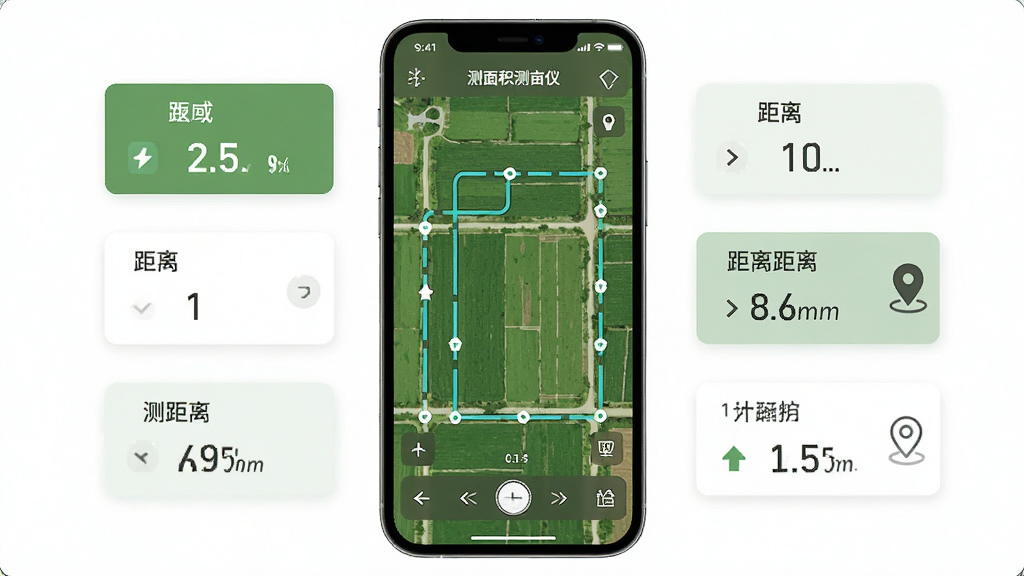 一张展示测面积测亩仪手机应用界面的图片,画面中央是一部智能手机,屏幕显示绿色田野地图和测量轨迹线,周围环绕着面积数据框、距离标注和定位图标,布局简洁直观,风格现代科技感,细节清晰,画质干净,无多余元素