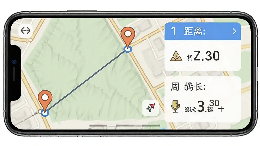 测面积测亩仪距离与周长测量界面示意图,画面展示手机屏幕上的地图,地图上标有起点和终点标记以及连线,旁边显示距离数值和周长累计数据,布局清晰,风格简约工具类,细节包含地图纹理、标记图标、数据面板,画质干净,无多余装饰