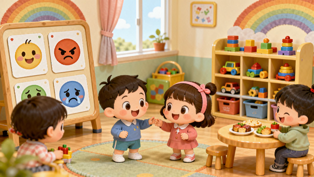 画面中央是一个温馨的卡通幼儿园场景,宝宝情商养成的主人公奇奇和妙妙正在与小伙伴们快乐互动,左侧有情绪表情卡片展示开心、生气、难过等表情,右侧有整理玩具的收纳架和分享食物的餐桌,背景是明亮的教室和彩虹色装饰,整体采用柔和圆润的儿童插画风格,色彩明快温暖,细节丰富,画面干净整洁,4K高清画质,无多余文字元素