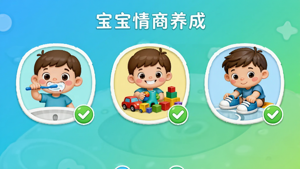 宝宝情商养成APP内的好习惯养成界面,展示小朋友正在刷牙、整理玩具、自己穿鞋等生活场景图标,每个图标旁边有完成打勾标记,背景是清新的蓝色和绿色渐变,卡通风格,画面整洁有序,高清画质
