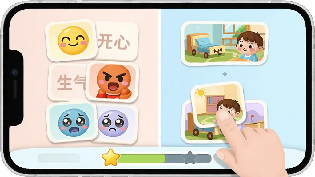 宝宝情商养成APP内的互动游戏界面,屏幕上显示情绪配对游戏,左侧有开心、生气、伤心等表情卡片,右侧有对应的场景图片,手指正在拖拽卡片进行配对,界面底部有星星奖励进度条,整体UI圆润可爱,色彩柔和,儿童教育APP风格,干净无杂乱元素
