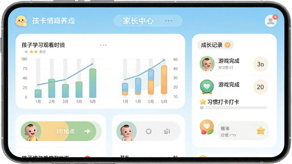 宝宝情商养成APP内的家长中心界面,展示孩子的学习进度图表和成长记录,有动画观看时长、游戏完成数量、好习惯打卡等数据,界面简洁清晰,配色温和,适合家长查看,整体干净无广告元素