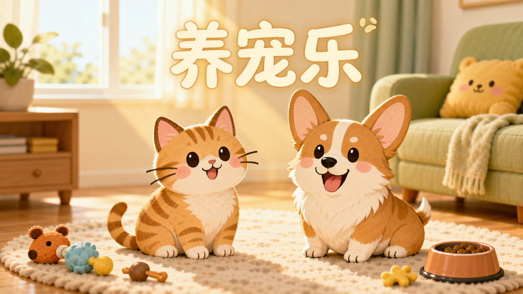 一只可爱的橘猫和一只柯基犬坐在温馨的客厅地毯上,周围散落着宠物玩具和食盆,画面中央上方有
