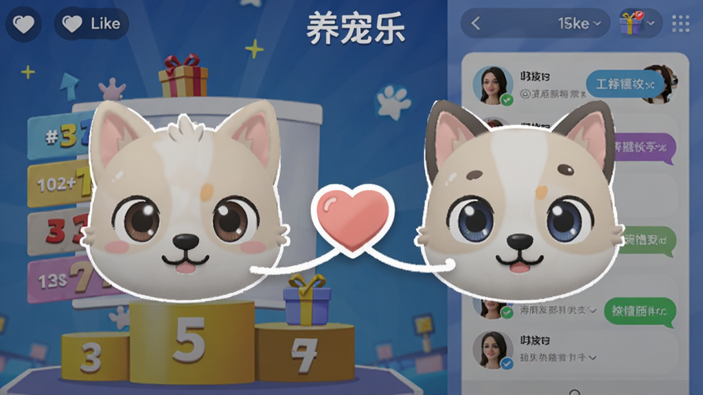 两个虚拟宠物头像并排显示,中间有爱心连接,背景是排行榜领奖台和好友列表界面,画面顶部有