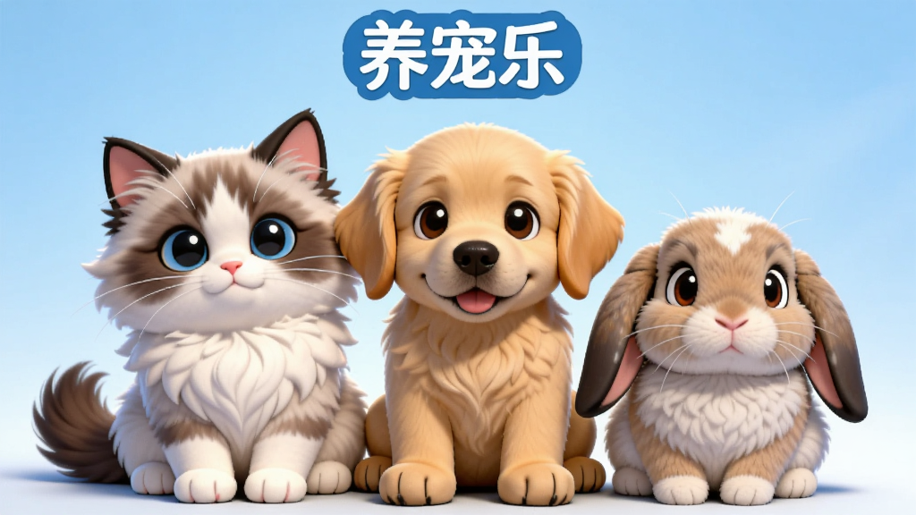 一只布偶猫、一只金毛幼犬和一只垂耳兔并排坐在一起,背景是浅蓝色渐变,画面顶部有