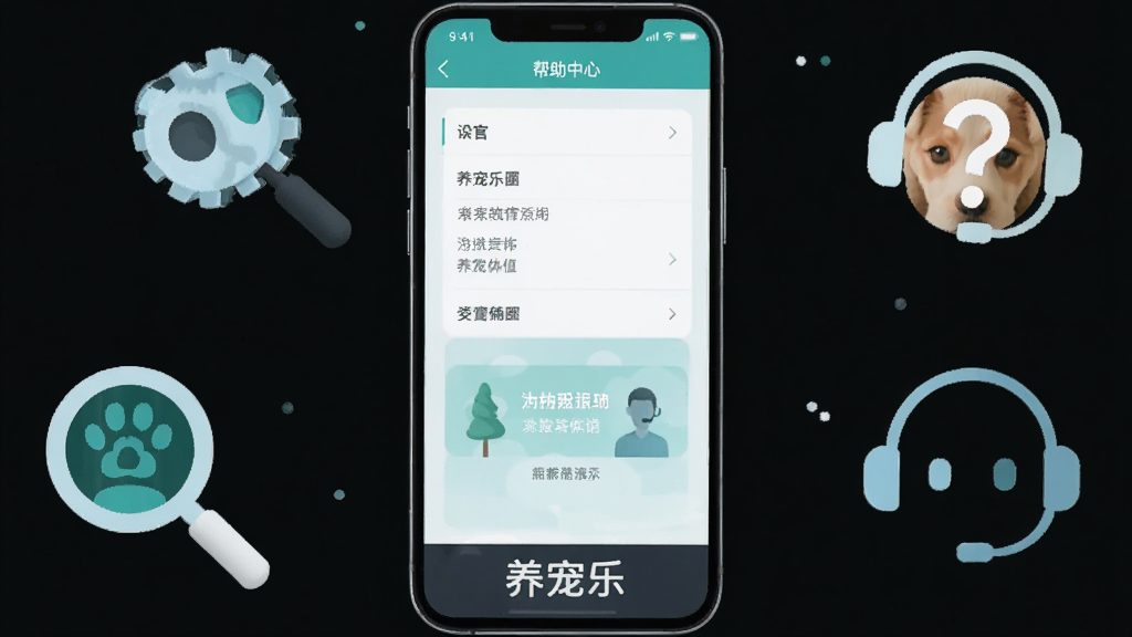 一部智能手机屏幕上显示养宠乐应用的设置界面和帮助中心页面,旁边有放大镜图标和问号图标,画面底部有