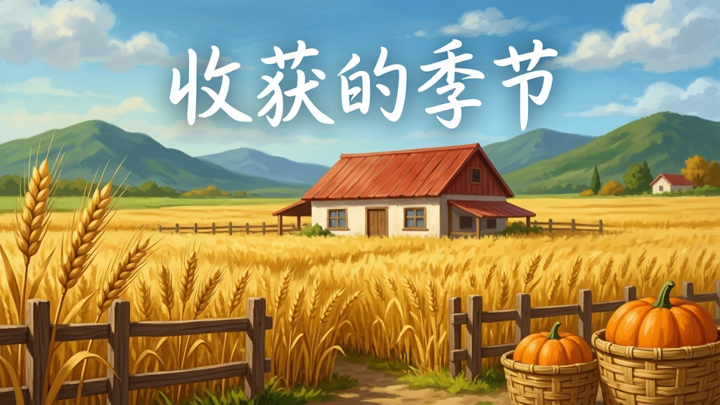 广阔的金色麦田中央矗立着一座红顶农舍,远处是连绵的青山与蓝天白云,近处有木制栅栏和装满南瓜的竹筐,画面采用温暖的秋日色调,整体风格为清新写实的田园插画,画面中央上方用白色手写体标注“收获的季节”五个字,细节包括麦穗纹理、木纹质感、柔和光影,画质清晰干净,无多余元素