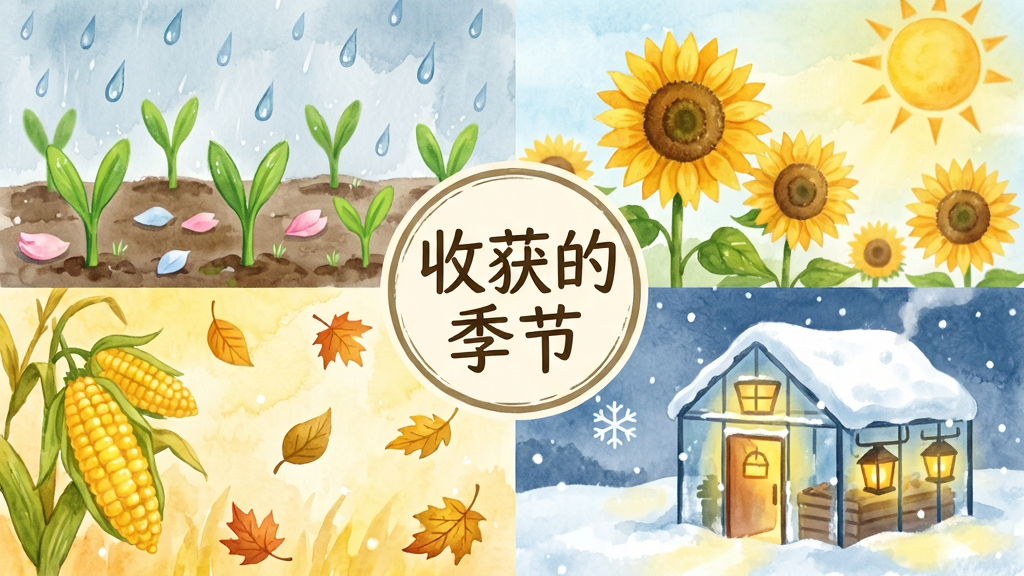 一幅四格拼接的田园插画,左上角为春季嫩绿秧苗与细雨,右上角为夏季向日葵与烈日,左下角为秋季金黄玉米与落叶,右下角为冬季雪覆温室与暖灯,四格中央用圆形徽章标注“收获的季节”字样,风格为柔和水彩手绘,细节包含雨滴、花瓣、雪花和灯光晕染,画质细腻干净,无多余元素