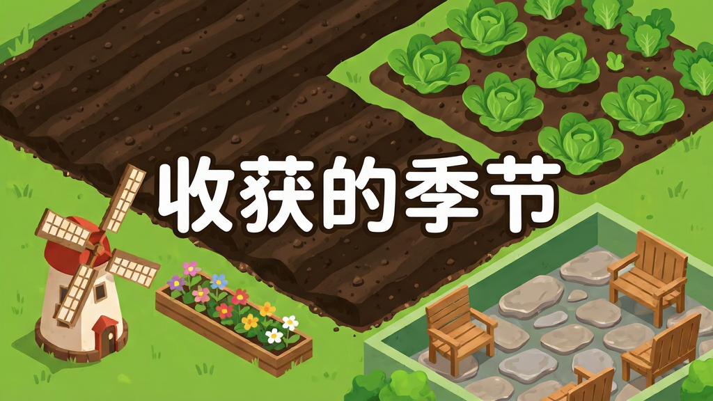 一片规划整齐的农田俯瞰图,左上区域是刚开垦的深色土地,右上区域种满绿色蔬菜,左下区域有一座小型风车和花坛,右下区域是铺着石板路的休息区配有木椅,画面中央用白色圆润字体标注“收获的季节”,风格为清新明亮的等距视角插画,细节包含土壤颗粒、蔬菜叶片和石板纹理,画质干净清晰,无多余元素
