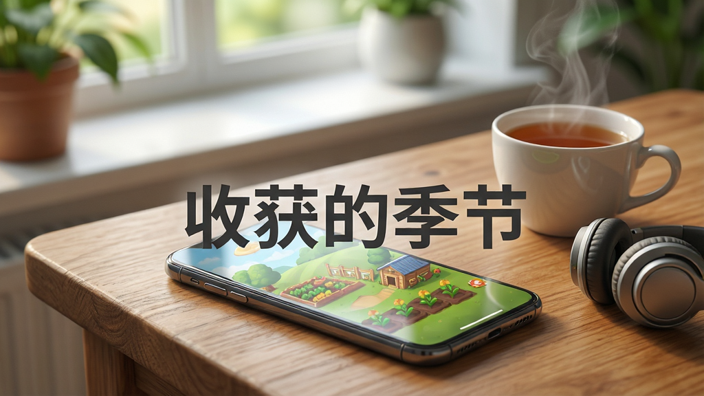 一部智能手机平放在木桌上,屏幕显示农场游戏界面,手机旁边放着一杯热茶和一副耳机,背景是虚化的窗台和绿植,画面中央用深灰色字体标注“收获的季节”,风格为生活化产品摄影感插画,细节包含手机屏幕反光、木桌纹理和茶杯热气,画质干净清晰,无多余元素