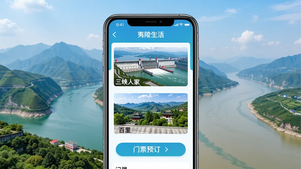 夷陵生活APP旅游服务界面展示,手机屏幕内显示三峡大坝、三峡人家、百里荒等景区缩略图与门票预订按钮,背景为夷陵山水风光与长江,风格清新明亮,排版简洁有序,画质清晰,干净无多余元素