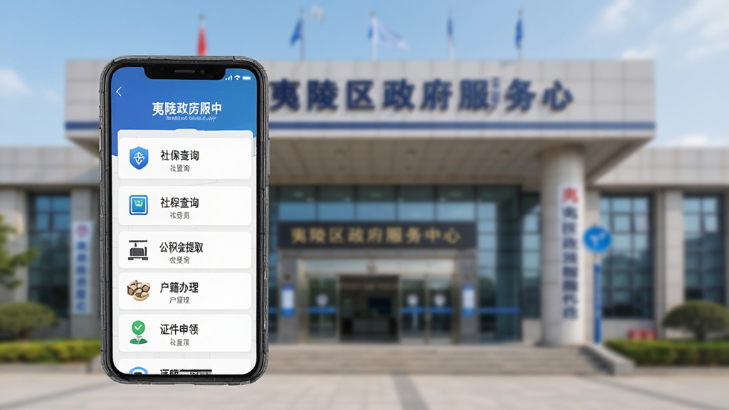 夷陵生活APP政务办事界面展示,画面中心为手机屏幕模型,屏幕内显示社保查询、公积金提取、户籍办理、证件申领等政务功能列表,背景为夷陵区政务服务中心大楼实景虚化,风格写实商务,细节清晰,画质高清,干净无多余元素
