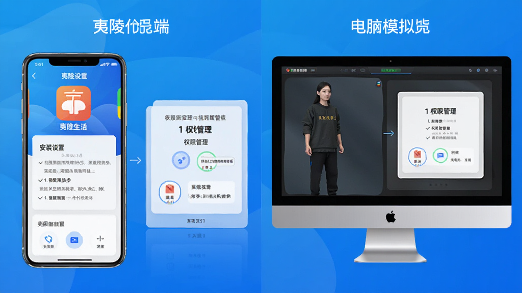 夷陵生活APP在手机与电脑模拟器上的使用对比图,左侧为手机端界面,右侧为电脑模拟器界面,中间显示安装设置与权限管理步骤,背景为简洁科技蓝渐变,风格清晰教程化,排版左右对比,画质高清,干净无多余元素