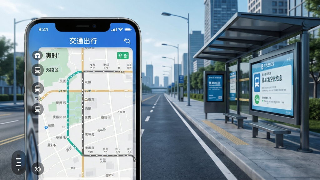 夷陵生活APP交通出行界面展示,手机屏幕内显示实时公交线路图与停车场空位信息,背景为夷陵区城市道路与公交站台,风格现代科技感,排版清晰,画质高清,干净无多余元素