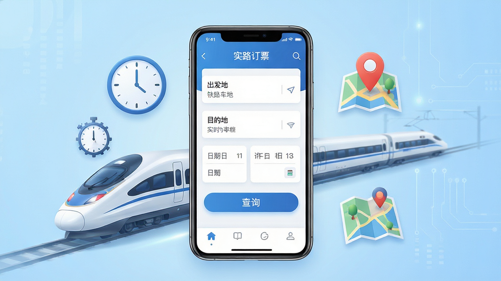 铁路火车实时订票软件主界面全貌展示,画面中央是一部智能手机,手机屏幕上清晰呈现铁路火车实时订票的查询首页,包含出发地、目的地、日期选择控件以及醒目的查询按钮,手机周围环绕着高铁列车、时钟、地图定位图标等元素,背景为浅蓝色渐变科技风格,整体布局简洁明快,排版层次分明,风格现代简约,细节精致,画质高清干净无多余元素