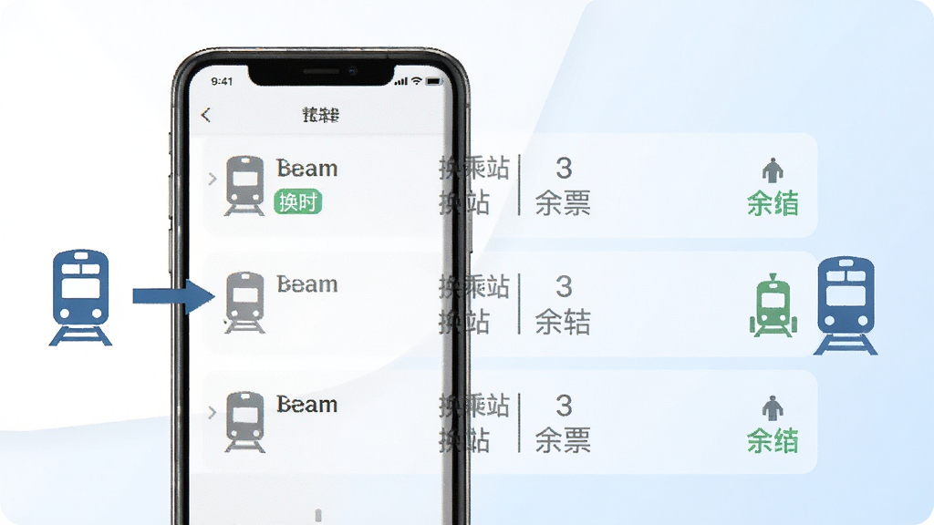 铁路火车实时订票智能中转功能界面展示,画面中手机屏幕显示多条中转路线方案对比列表,每条方案标注总耗时、换乘站、余票状态,手机旁边有箭头连接两个火车站点图标表示换乘概念,背景为白色与淡蓝色搭配的清爽风格,排版整齐有序,细节清晰,画质高清干净无多余元素