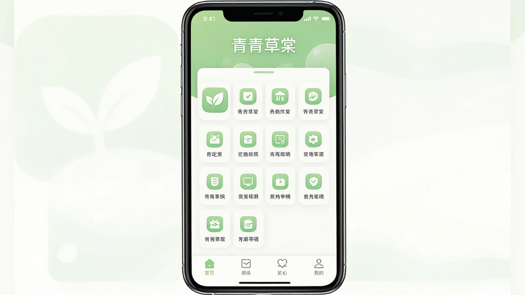 一张展示青青草棠软件主界面的预览图,画面中央是手机屏幕,屏幕内呈现青青草棠应用的首页布局,顶部有软件名称