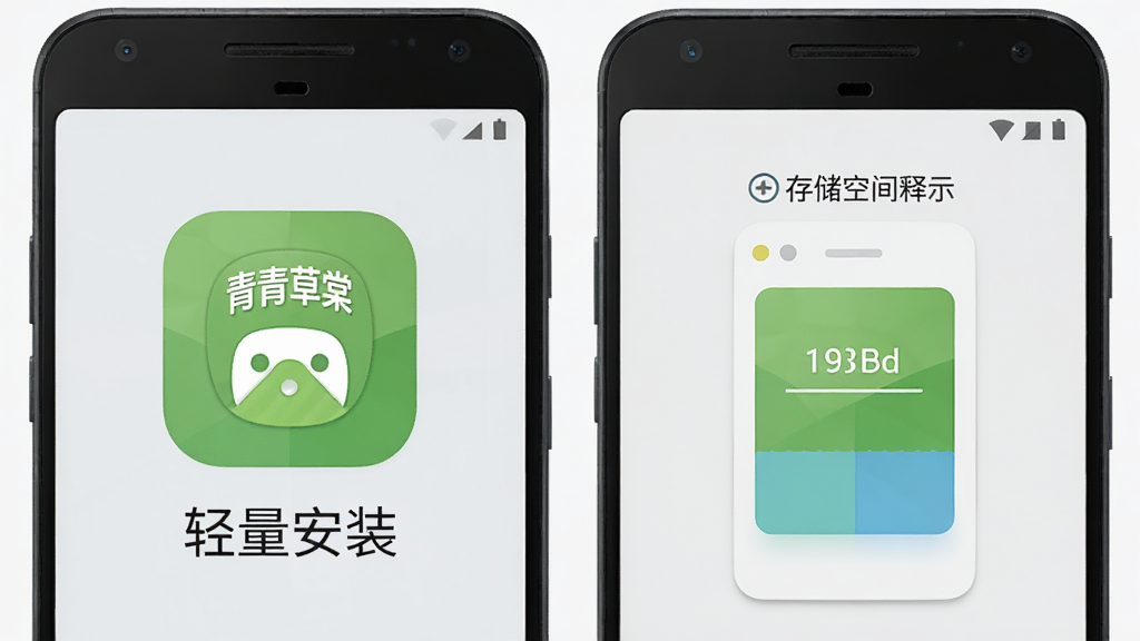 一部安卓手机屏幕显示青青草棠安装包大小对比图,画面左侧展示青青草棠图标和