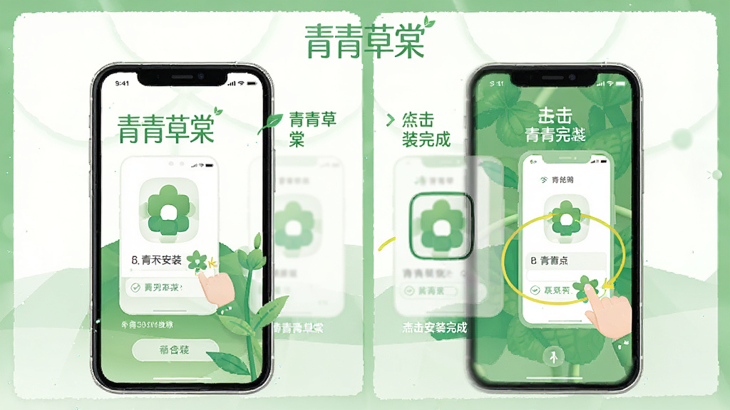 青青草棠安装步骤示意图,画面以手机屏幕形式展示从打开安装包到点击安装完成的四个步骤,每一步配有简短文字说明,风格为扁平化信息图,配色以绿色和白色为主,画面中标注