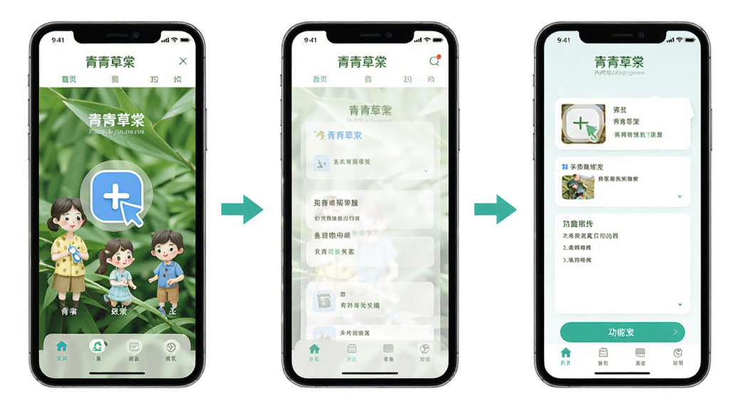 青青草棠应用内页操作流程图,画面展示从首页点击图标到进入具体功能页面的三步操作示意,每一步用手机屏幕截图形式呈现,配有箭头引导,风格简洁明快,背景为白色,画面中标注