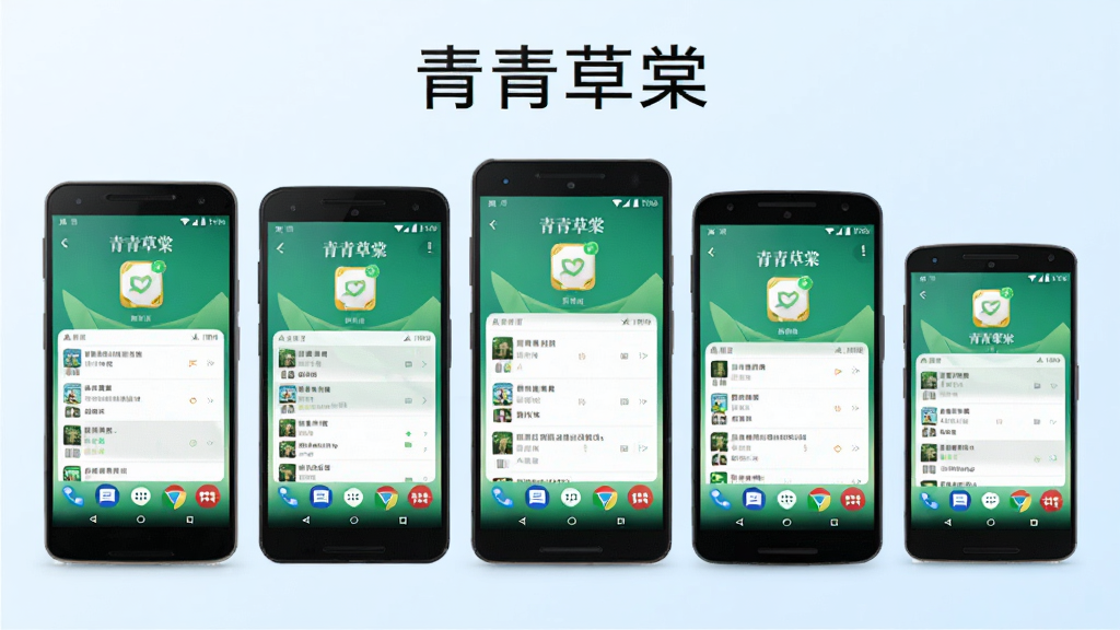 青青草棠安卓系统适配示意图,画面展示多部不同尺寸的安卓手机并排排列,每部手机屏幕上都显示青青草棠应用正常运行界面,背景为浅蓝色渐变,风格简洁商务,画面中带有