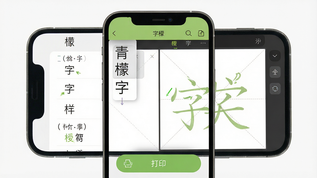 一张展示青柠字词软件界面的预览图,主体为手机屏幕中显示汉字字词列表与田字格预览区域,布局居中,排版清晰,风格清新简约,细节包含汉字笔画动画与打印按钮,画质高清,干净,无多余元素