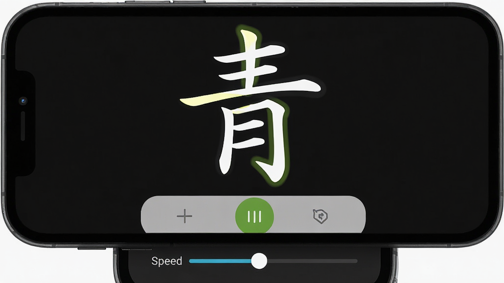 一张展示青柠字词笔顺演示功能的生图,主体为手机屏幕中显示汉字“青”的逐笔书写动画,布局为上方汉字下方控制按钮,排版简洁,风格现代,细节包含笔画高亮与速度调节滑块,画质高清,干净,无多余元素