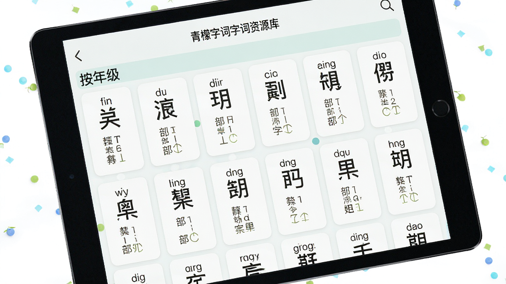 一张展示青柠字词字词资源库的生图,主体为平板电脑屏幕中显示按年级分类的汉字卡片列表,布局为网格状排列,排版整齐,风格清新明亮,细节包含拼音标注与部首信息,画质高清,干净,无多余元素