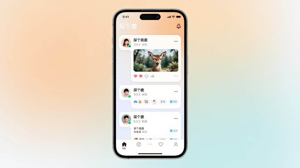探个鹿应用主界面展示,主体为一部智能手机屏幕,布局采用居中构图,屏幕上显示探个鹿APP的社交动态流页面,包含用户头像、动态卡片和底部导航栏,排版整洁有序,风格为现代简约扁平化设计,细节包括柔和的渐变背景、圆角卡片、清晰的图标,画质高清,干净,无多余元素。