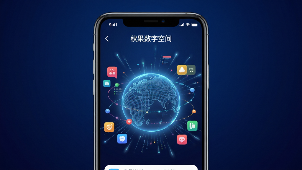 画面主体为一部智能手机,屏幕上显示着“秋果数字空间”的应用界面,界面中央是一个发光的数字星球,周围环绕着各种彩色图标和数据流。布局采用中心辐射式构图,手机位于画面正中。排版简洁明了,背景为深蓝色渐变。风格为现代科技感,细节上手机边缘有微弱反光,数字星球表面有网格纹理。画质高清,干净,无多余元素。