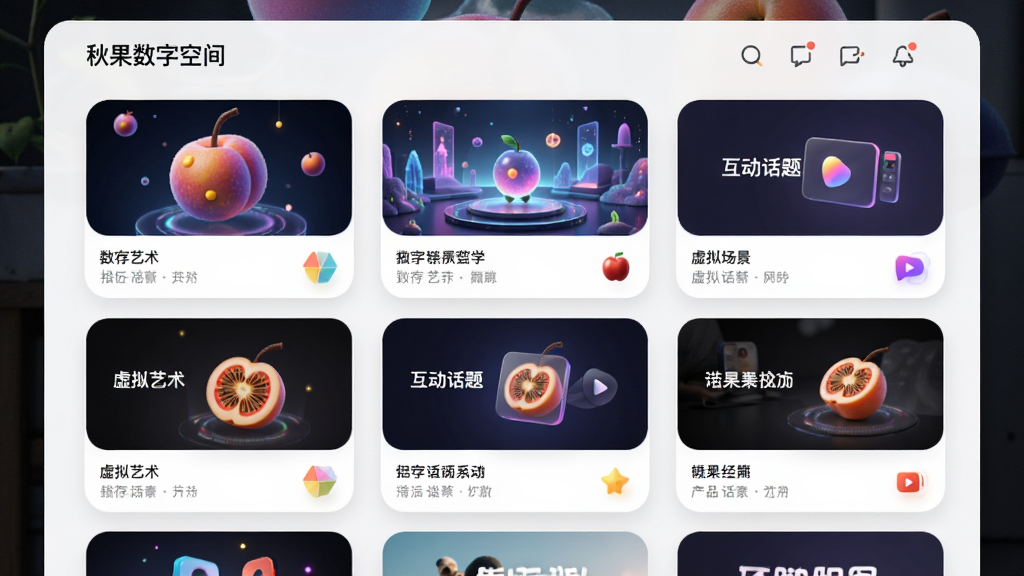 画面主体为“秋果数字空间”的个性化推荐界面,界面中展示多个内容卡片,包含数字艺术、虚拟场景、互动话题等。布局为卡片式网格排列。排版整齐,视觉层级清晰。风格为清新简约,细节上卡片带有圆角与柔和阴影。画质高清,干净,无多余元素。