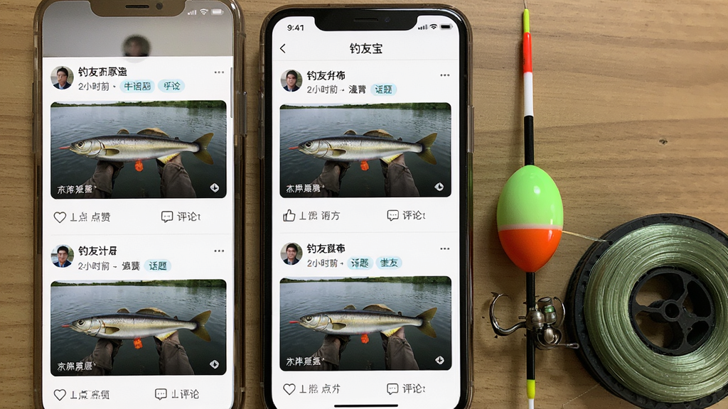 画面主体为“钓友宝”社区页面截图,页面中包含多条钓友发布的渔获照片与文字动态,每条动态下方有点赞与评论按钮,手机旁放置一支浮漂与一卷鱼线,布局采用手机正面平视,风格真实自然,细节包含用户头像、发布时间与话题标签,画质高清,干净,无多余元素