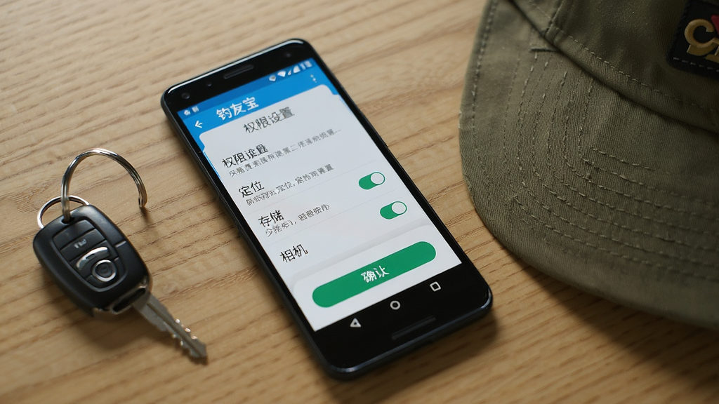 画面主体为一部安卓手机显示“钓友宝”权限设置界面,界面中包含定位、存储与相机权限开关,手机旁放置一把车钥匙与钓鱼帽,布局采用手机斜放桌面,风格生活化写实,细节包含权限说明文字与确认按钮,画质高清,干净,无多余元素