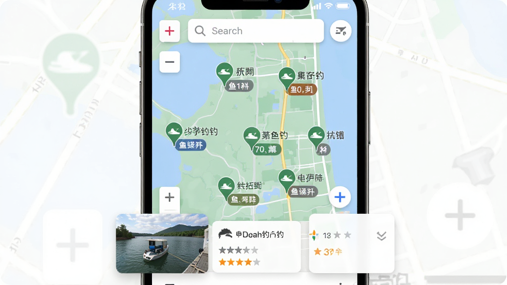 画面主体为一幅手机地图界面,地图上标注多个钓场图标,每个图标旁显示钓场名称与鱼种标签,手机下方叠加钓场实景小图与评分信息,布局采用居中展示,风格现代简洁,细节包含地图缩放控件、搜索框与筛选按钮,画质高清,干净,无多余元素