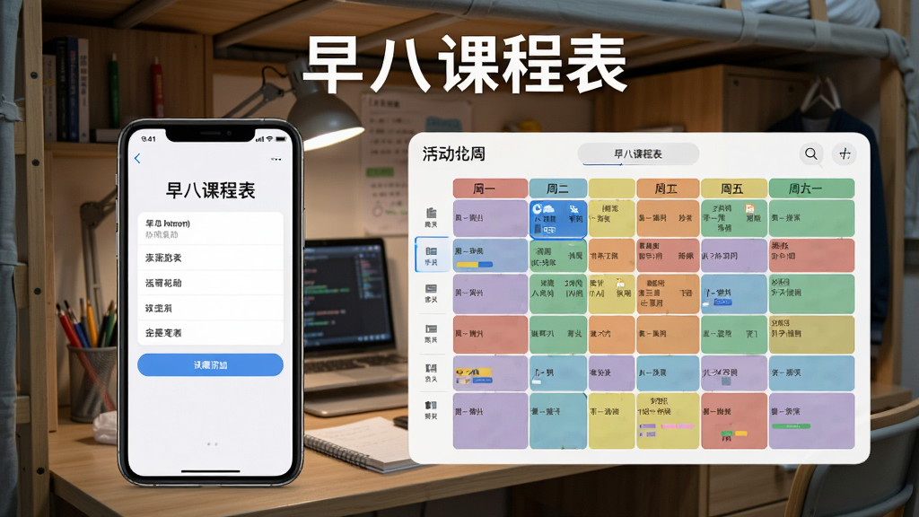 一张展示早八课程表智能导入功能的图片,画面左侧是手机屏幕显示课程添加表单,右侧是自动生成的彩色周课表,屏幕上方有'早八课程表'字样,背景为大学宿舍书桌场景,风格为写实科技风,细节清晰,画质干净,无多余元素