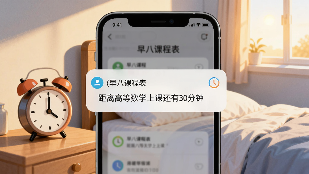 一张展示早八课程表闹钟提醒功能的图片,画面中央是手机屏幕弹出'早八课程表'提醒通知,显示'距离高等数学上课还有30分钟',背景为清晨卧室场景,闹钟图标醒目,风格为温馨插画风,细节清晰,画质干净,无多余元素
