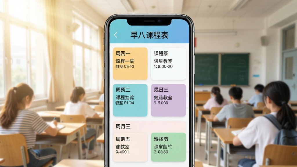 一张展示早八课程表手机应用主界面的图片,画面中央是一部智能手机,屏幕显示色彩清新的课程表界面,顶部有'早八课程表'文字标识,界面中包含周一到周五的课程卡片,每张卡片标注课程名称、教室和时间,背景为明亮的大学教室场景,阳光从窗户洒入,风格为扁平化UI设计,细节清晰,画质干净,无多余元素