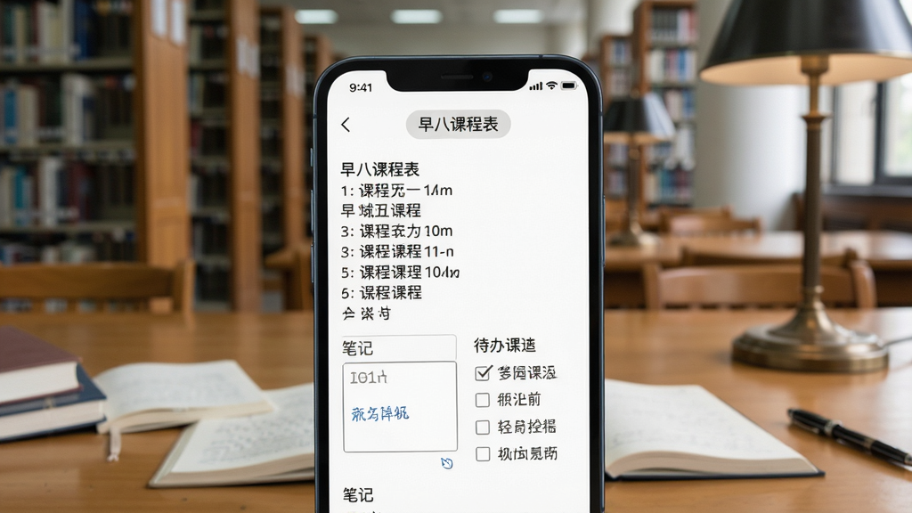 一张展示早八课程表笔记功能的图片,手机屏幕显示课程详情页,下方有笔记输入框和待办清单,屏幕上方有'早八课程表'标识,背景为大学图书馆桌面,风格为简约商务风,细节清晰,画质干净,无多余元素