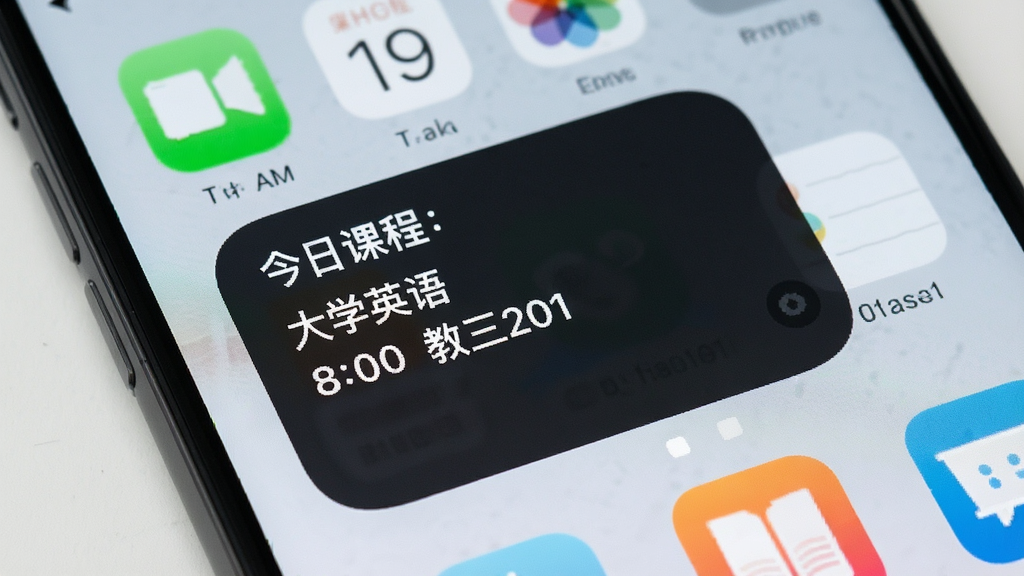 一张展示早八课程表桌面小组件的图片,手机主屏幕上放置了课程表小组件,显示'今日课程:大学英语 8:00 教三201',背景为简洁手机桌面,风格为现代极简风,细节清晰,画质干净,无多余元素