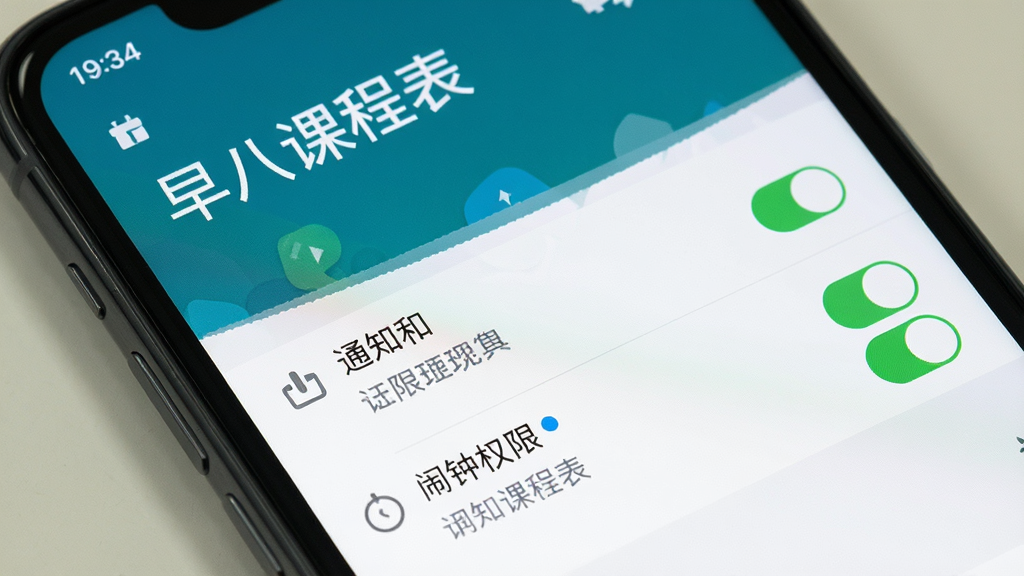 一张展示早八课程表设置页面的图片,手机屏幕显示权限管理列表,其中通知和闹钟权限已开启,背景为手机系统设置界面风格,屏幕上方有'早八课程表'字样,风格为扁平化设计,细节清晰,画质干净,无多余元素