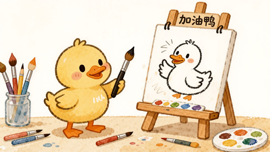 画面展示一只卡通小鸭子站在画架旁边,画架上是一幅未完成的加油鸭简笔画,桌上散落着彩色画笔和调色盘,布局为左侧小鸭子、右侧画架的对称构图,风格为温馨的手绘水彩风格,细节包括小鸭子手持画笔的可爱姿态、画架上的铅笔线条、调色盘上五颜六色的颜料,画质柔和、色调温暖、干净整洁、无多余元素,画架上方用可爱字体写着