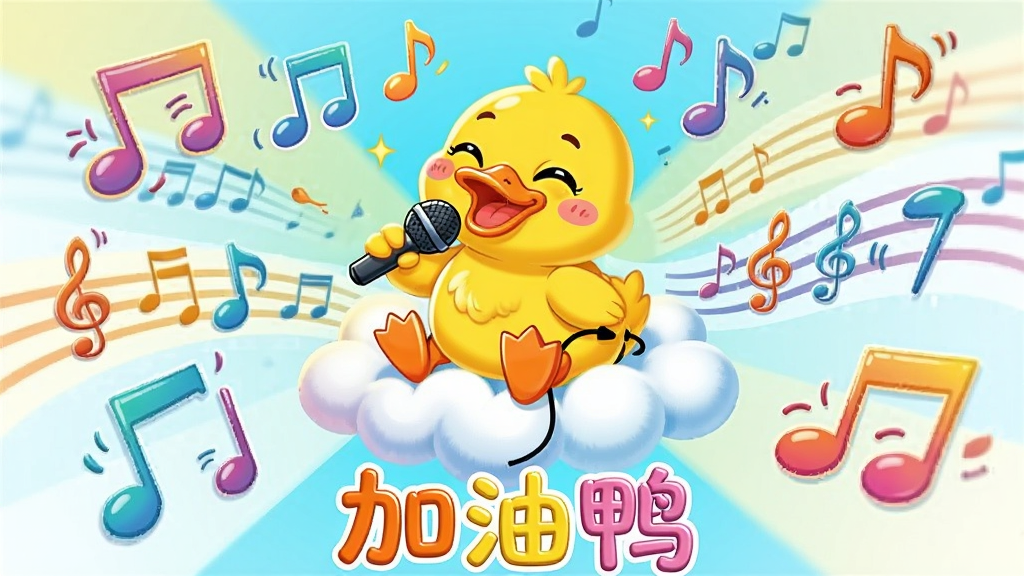 画面主体为一只卡通黄色小鸭子坐在彩色音符组成的云朵上,手持麦克风正在唱歌,周围漂浮着五线谱和跳动的音符符号,布局为中心放射状构图,小鸭子位于画面正中央,四周音符向外扩散,风格为明亮活泼的卡通矢量插画,细节包括小鸭子闭眼陶醉的表情、音符的渐变色彩、云朵的柔软质感,画质高清、色彩鲜艳、干净清爽、无多余元素,画面底部用活泼字体写着