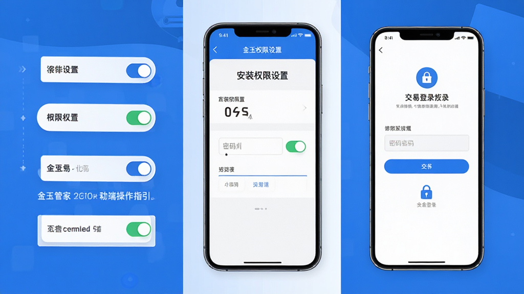 金玉管家移动端操作指引图,画面中央一部手机显示安装权限设置页面与交易登录界面,布局为左右分栏对比,风格为扁平化科技蓝,细节包括权限开关按钮、密码输入框、安全锁图标,画质高清,干净,无多余元素