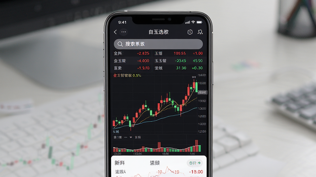 金玉管家行情界面手机预览图,画面中央一部手机展示自选股列表与K线走势图,布局为竖屏手机界面,风格为现代金融科技感,细节包括红绿数字、股票名称、搜索栏图标,画质高清,干净,无多余元素