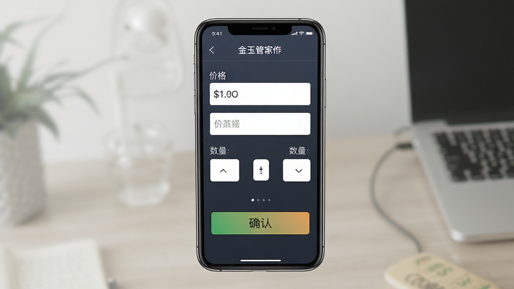 金玉管家交易下单界面示意图,画面中央为手机屏幕显示买入卖出操作面板,布局为上下结构,风格为简约商务风,细节包括价格输入框、数量选择器、确认按钮,画质清晰,干净,无多余元素