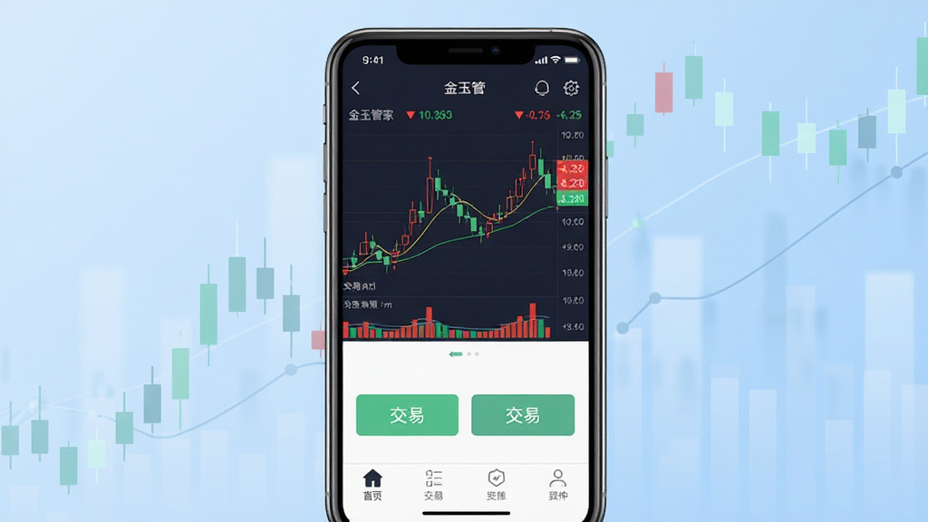 金玉管家手机应用主界面展示,画面中央放置一部智能手机,屏幕上显示股票行情K线图与交易按钮布局,背景为浅蓝渐变金融风格,主体清晰突出,布局居中对称,风格简洁商务,细节包括红绿涨跌数字、底部导航栏图标,画质高清,干净,无多余元素
