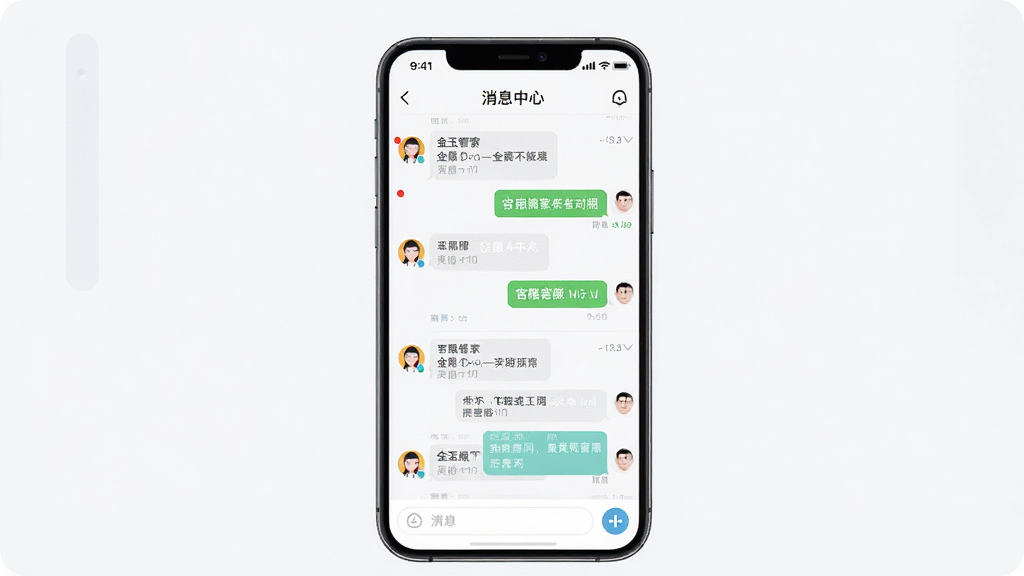 金玉管家客服与消息中心界面图,画面中央一部手机展示消息列表与在线客服对话框,布局为竖屏排列,风格为清爽浅色系,细节包括未读红点、聊天气泡、客服头像图标,画质高清,干净,无多余元素