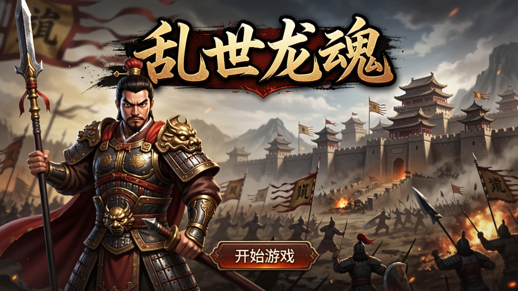 一幅横版游戏宣传图,画面中央是乱世龙魂游戏主界面,左侧是身披铠甲的三国武将手持长枪,右侧是城池与战场背景,上方用金色大字写着乱世龙魂,下方有开始游戏按钮,整体风格为热血写实三国风,色彩以红黑金为主,细节丰富,画质高清,干净,无多余元素
